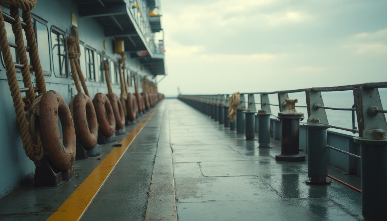 A view looking down the deck of a large ship