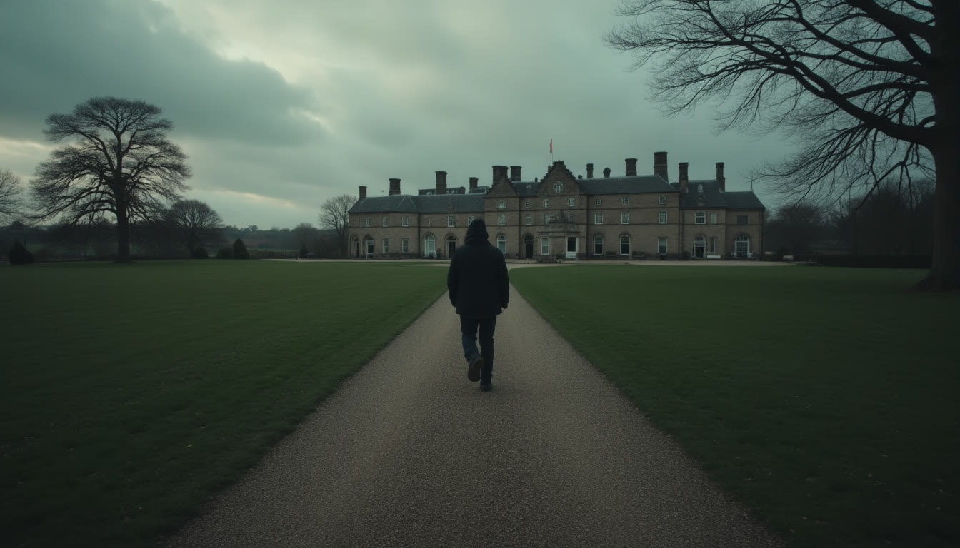A person walking down a path towards a large stately home