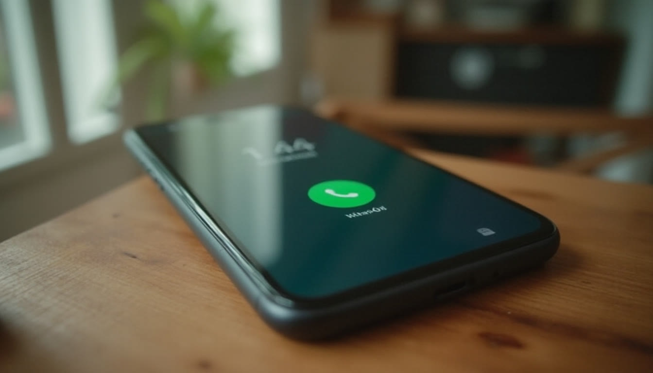A smartphone lying on a wooden table showing an incoming call screen