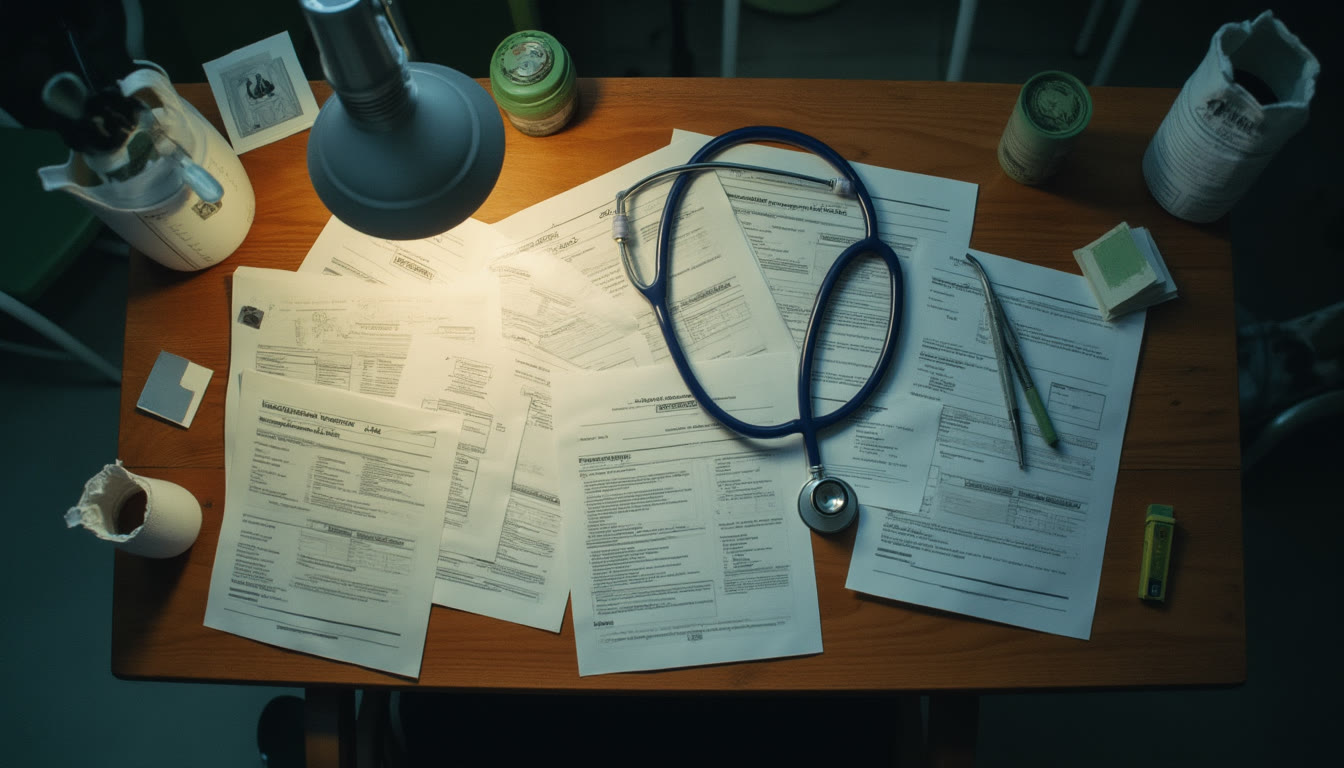 A stethoscope lying on top of various medical documents