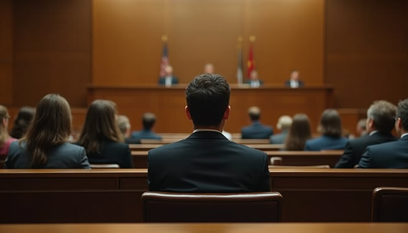 View from behind a person in a courtroom facing a judge