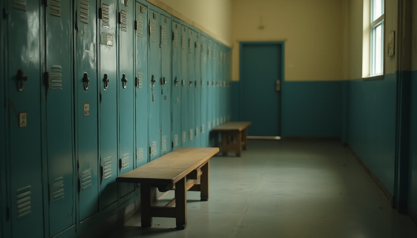 A row of blue metal lockers in a hallway with a wooden bench