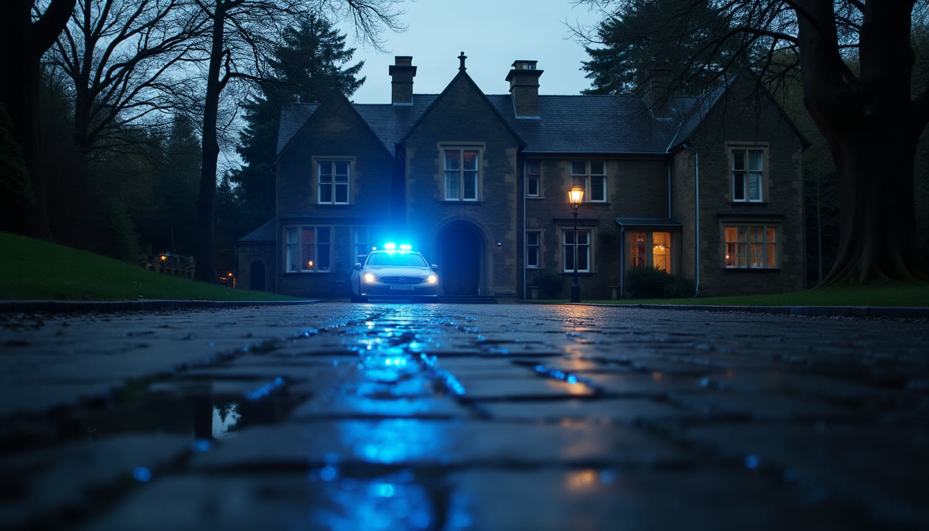 A large manor house at night with blue police lights flashing