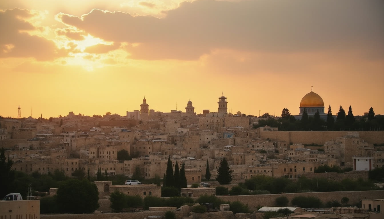 The skyline of Jerusalem featuring the Dome of the Rock at sunset
