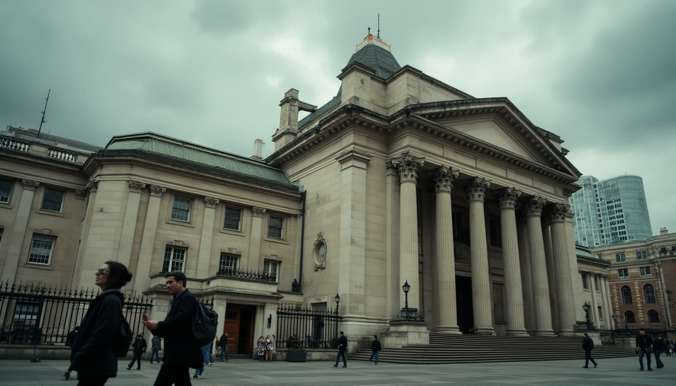 The exterior of the Old Bailey courthouse in London under a cloudy sky