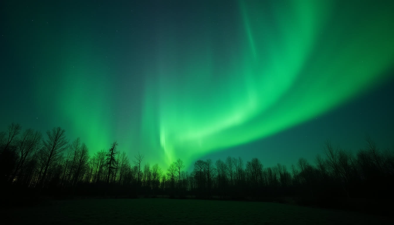 Vibrant green aurora borealis stretching across a dark night sky over trees
