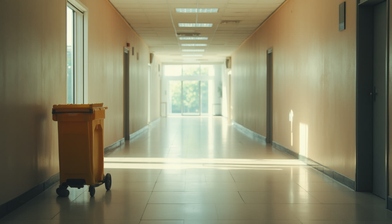 Yellow cleaning trolley in a bright, empty corridor