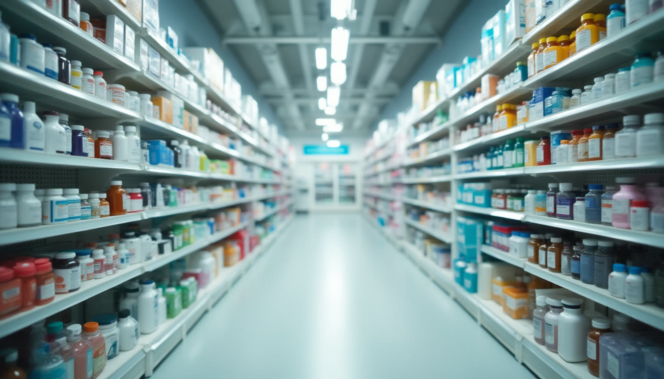 A long aisle in a pharmacy with shelves of medicine bottles