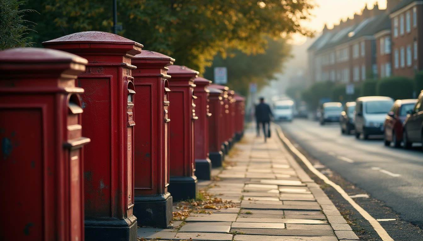 A row of red Royal Mail post boxes on a London pavement
