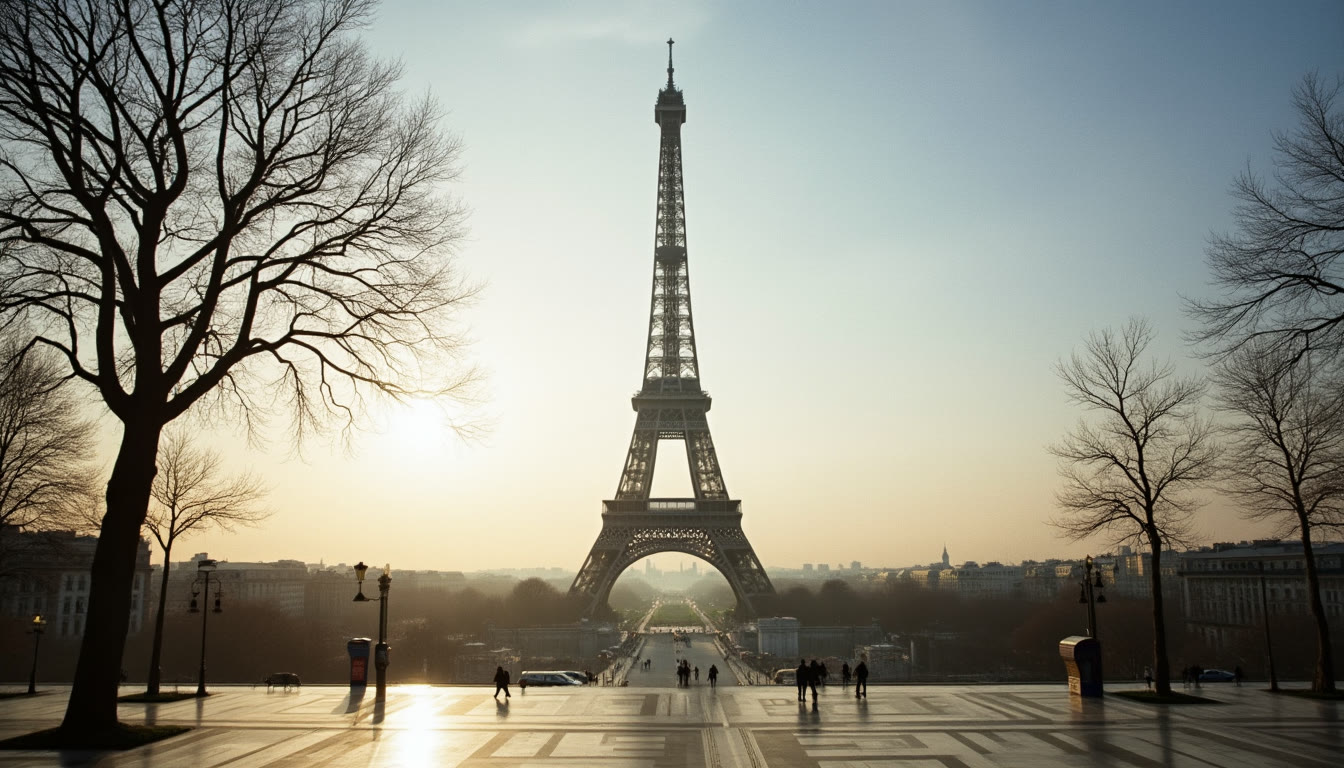 The Eiffel Tower in Paris at sunset with trees in the foreground