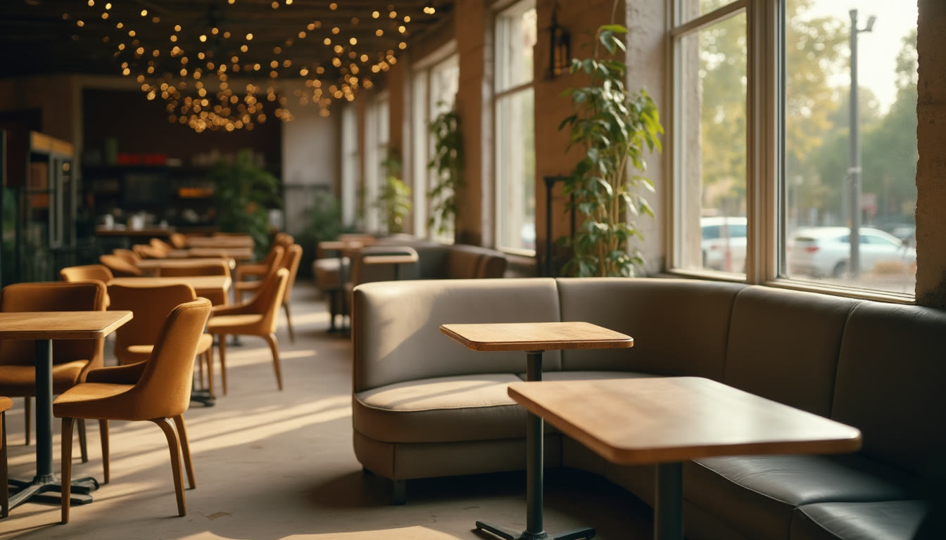 An empty lounge area with cafe tables and seating