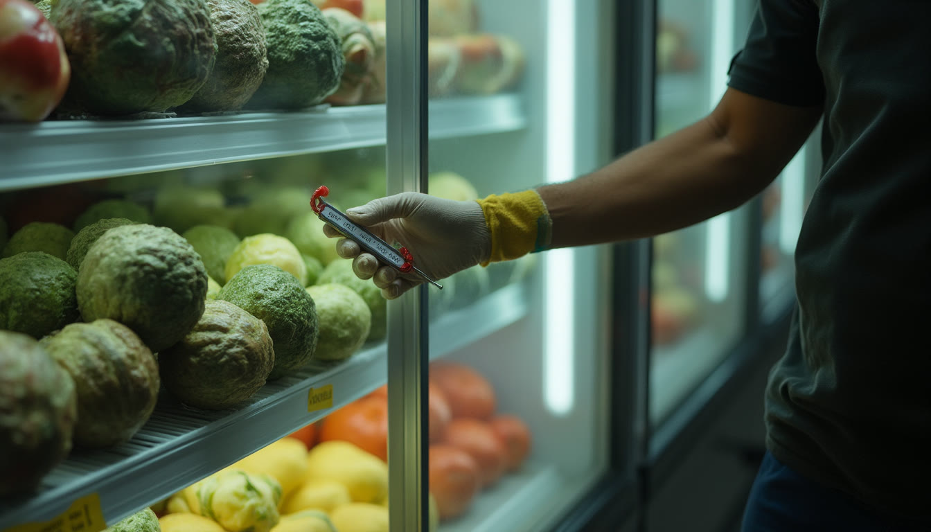 A person reaching into a supermarket refrigerator filled with vegetables