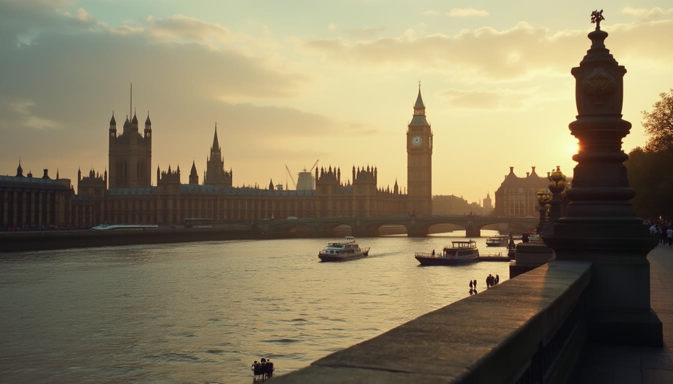 The Houses of Parliament and Big Ben at sunset over the Thames