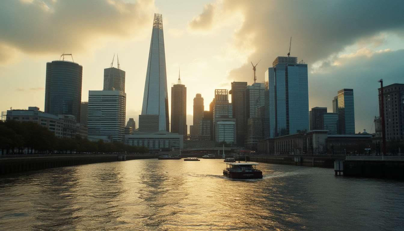 City skyline with tall buildings reflected in a river at sunset