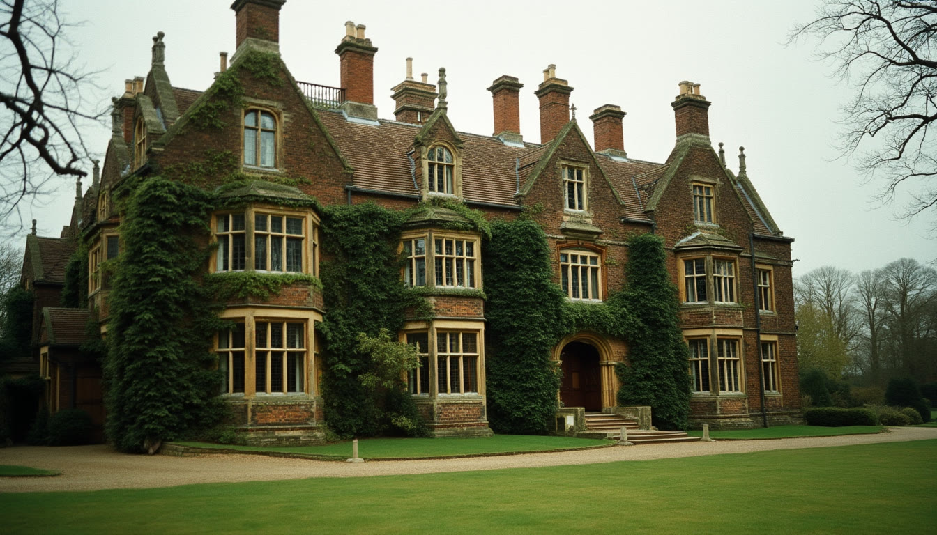 A large brick manor house partially covered in green ivy