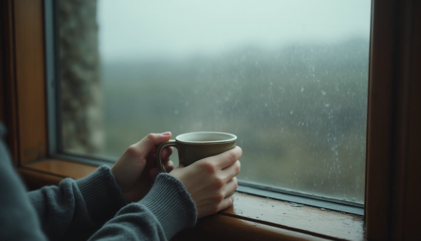 Hands holding a mug near a window overlooking a misty landscape