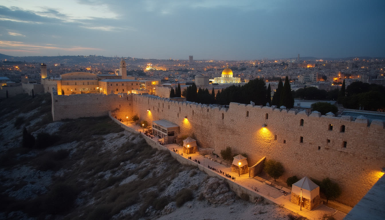 Aerial view of the Old City walls of Jerusalem at dusk