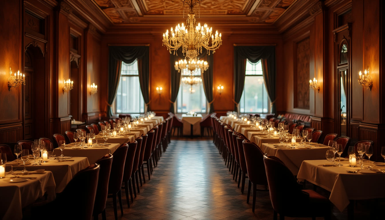 An empty, grand historic dining room with chandeliers and long tables