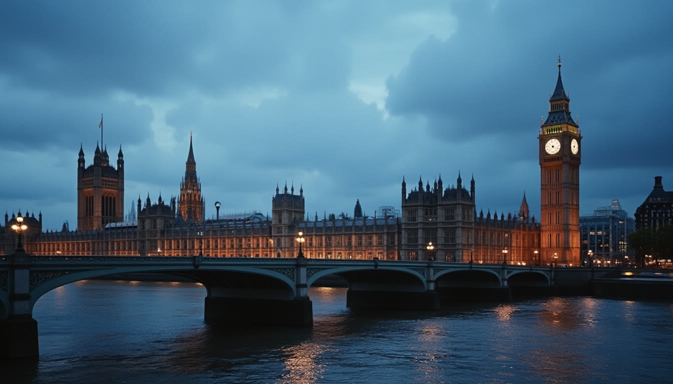 The Palace of Westminster and Big Ben at twilight by the River Thames
