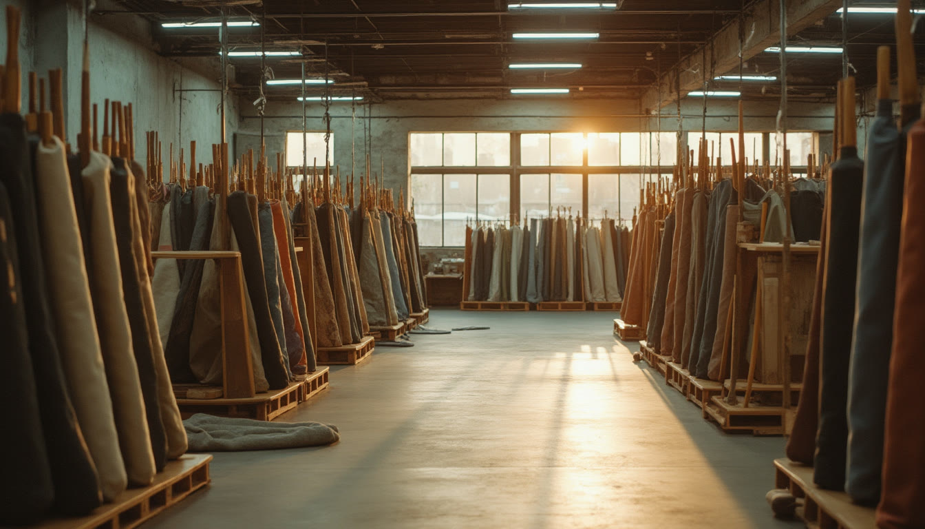 Fabric rolls on wooden racks in a workshop or warehouse