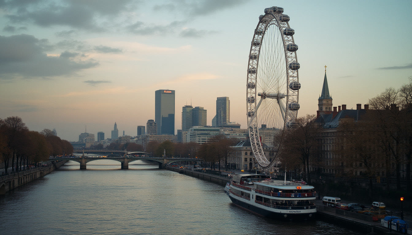 A view of the London Eye and the River Thames at dusk