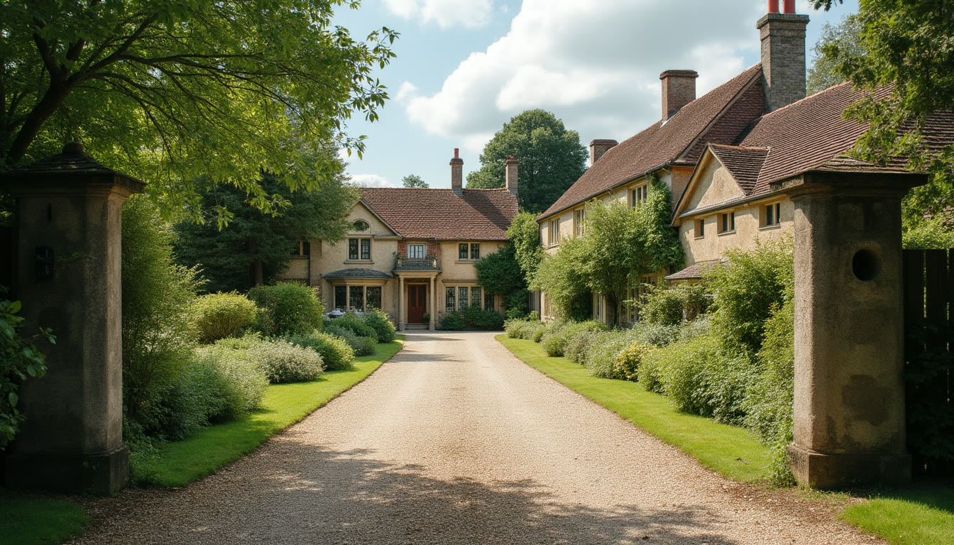 A large country house with a gravel driveway and stone pillars
