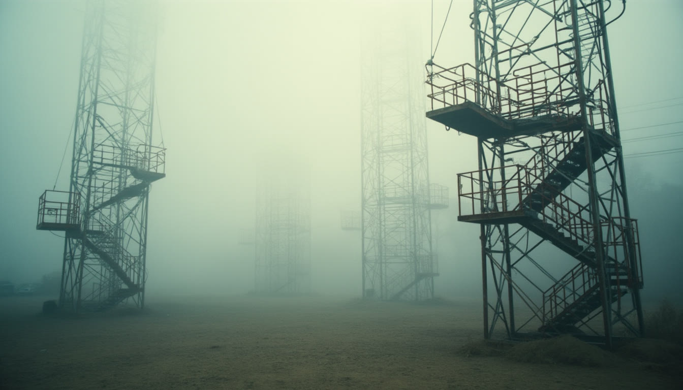Metal lattice towers in heavy fog
