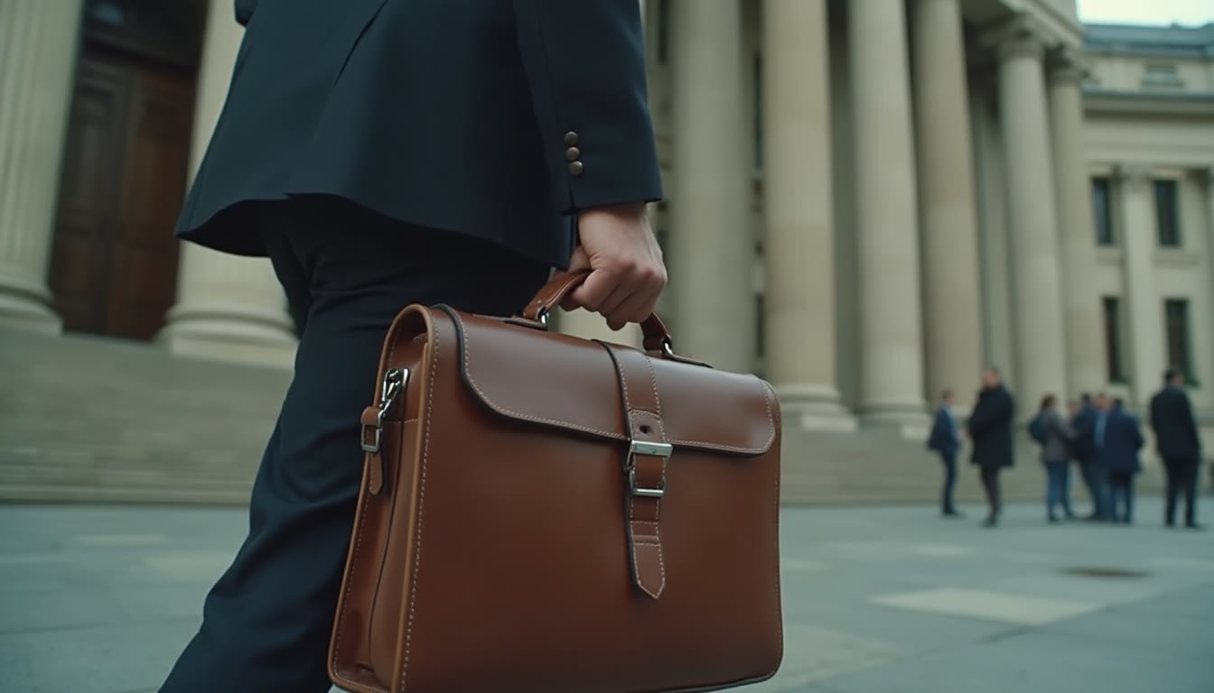 A person in a suit carrying a brown leather briefcase