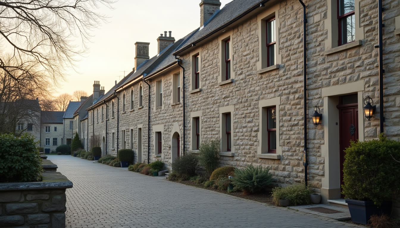A view of a stone building facade in a quiet neighbourhood under a pale morning sky