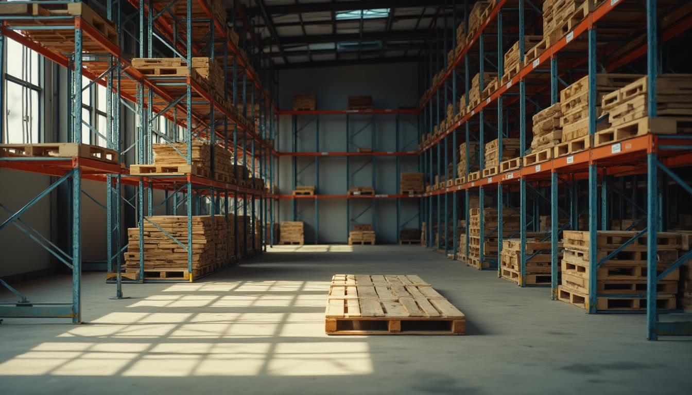 Warehouse aisles with wooden pallets on metal shelving units