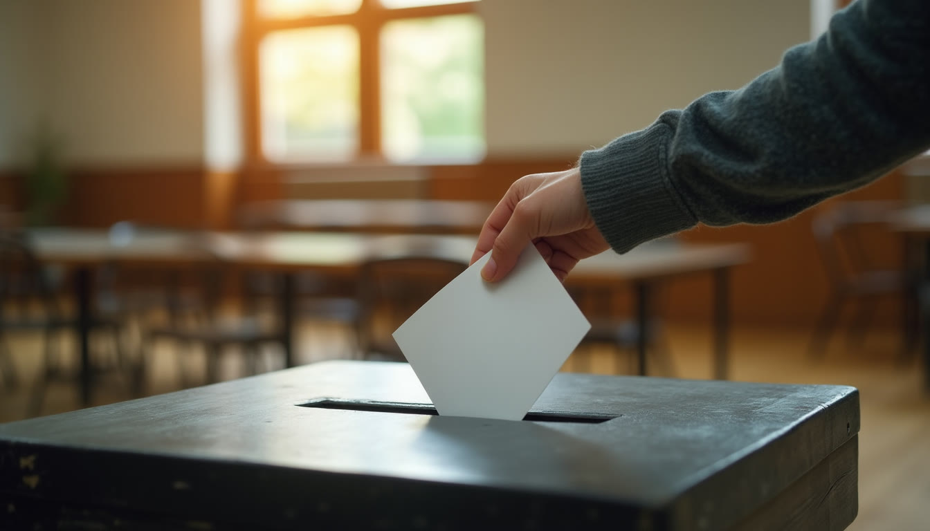 A hand inserting a white ballot paper into a black voting box