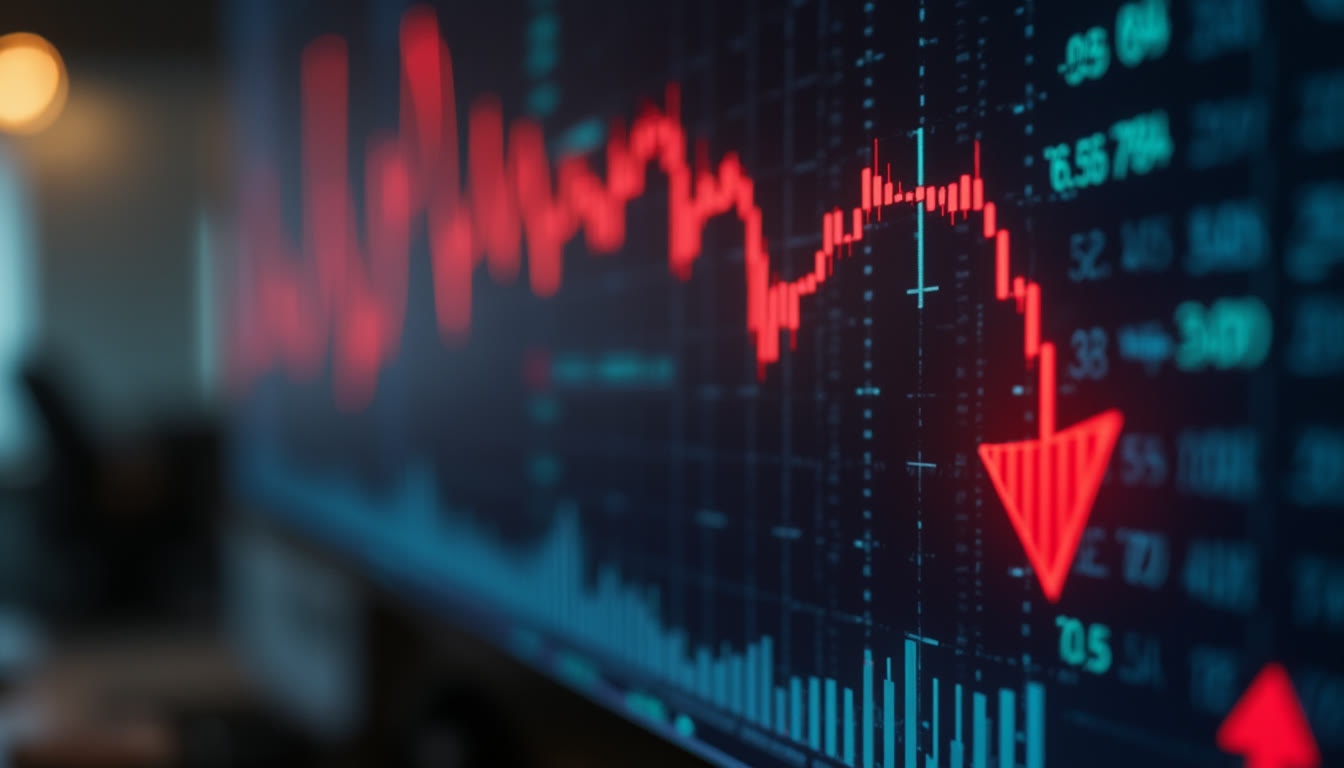 A financial stock market chart showing a red downward trend line
