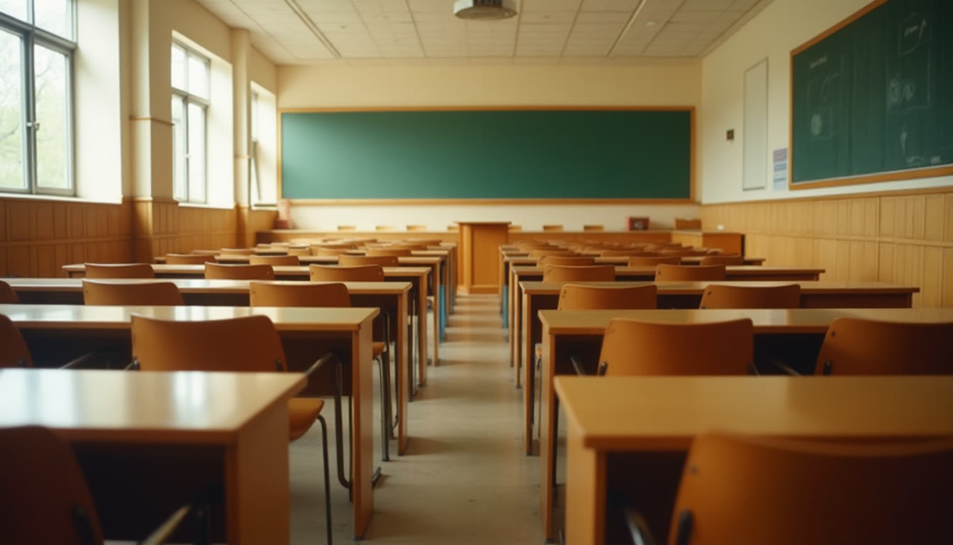 Empty university classroom with rows of wooden desks and a green chalkboard