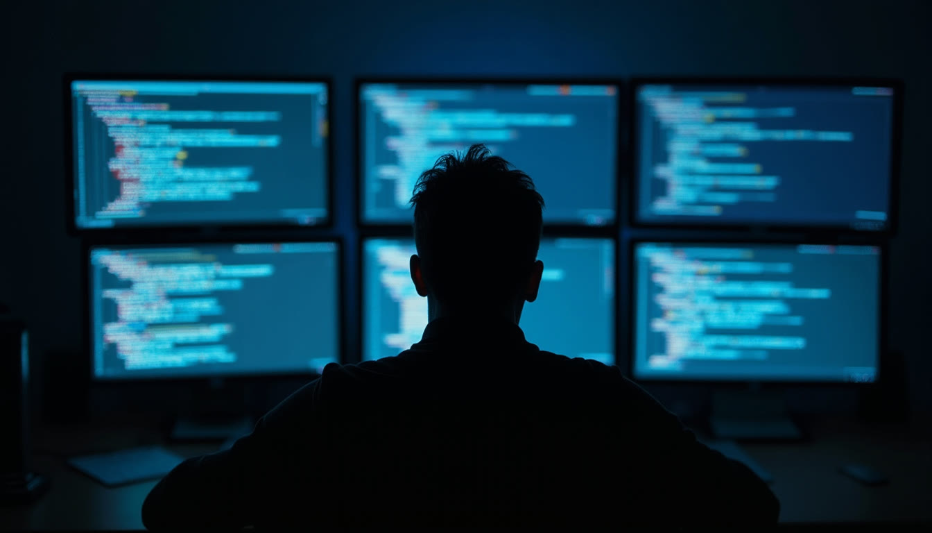 Silhouette of a person looking at multiple computer screens with code