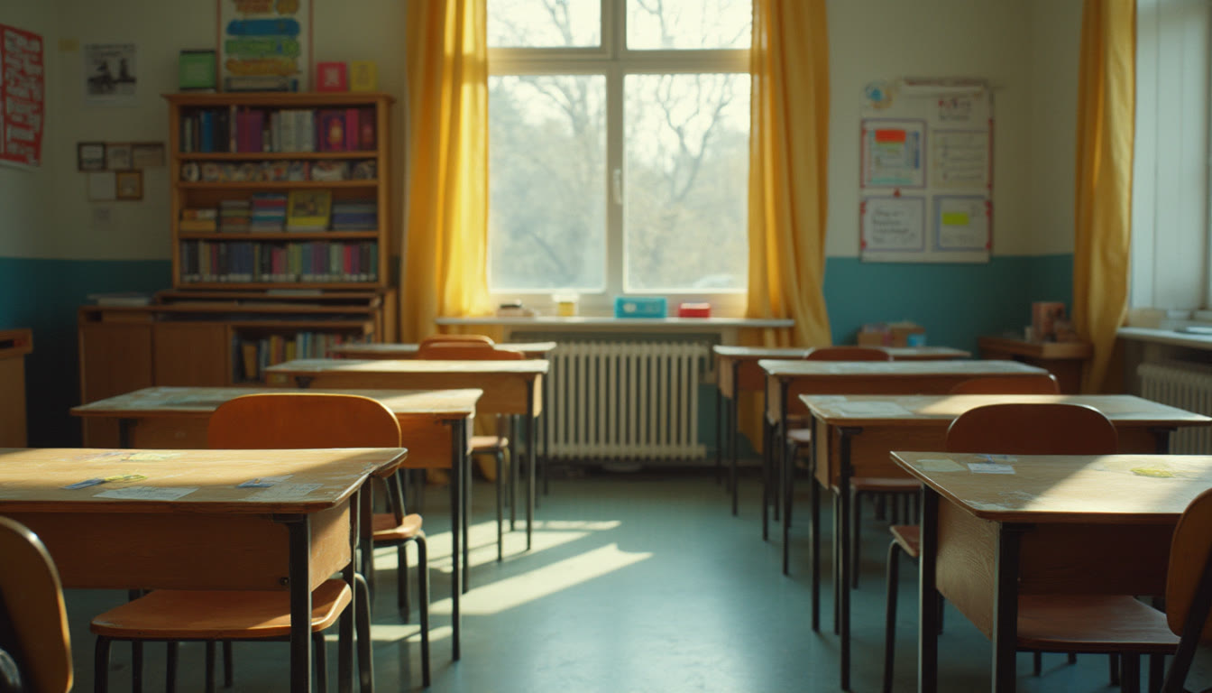 An empty classroom with desks, chairs, and a large window