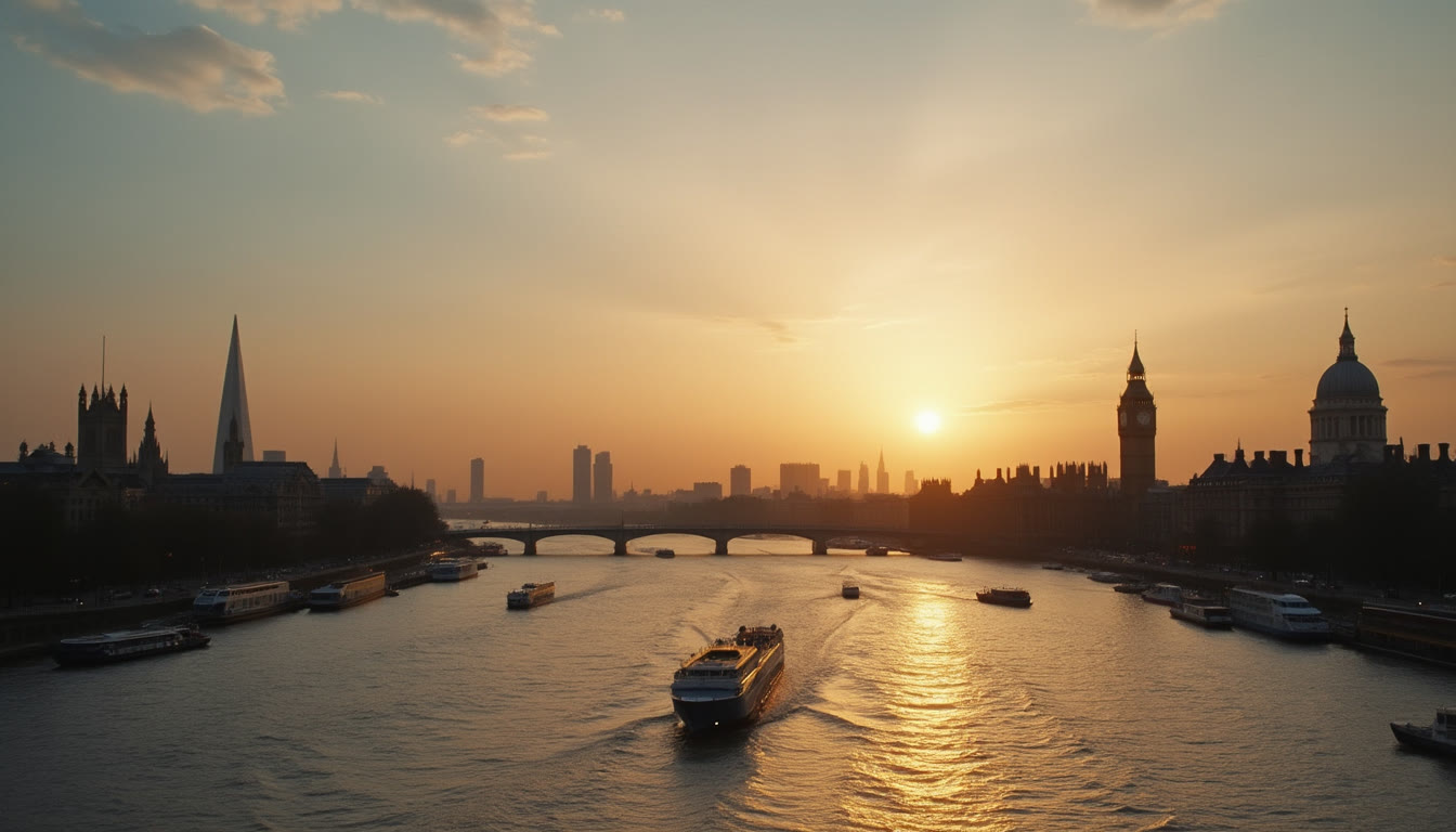 A sunset view over the River Thames in London with city landmarks