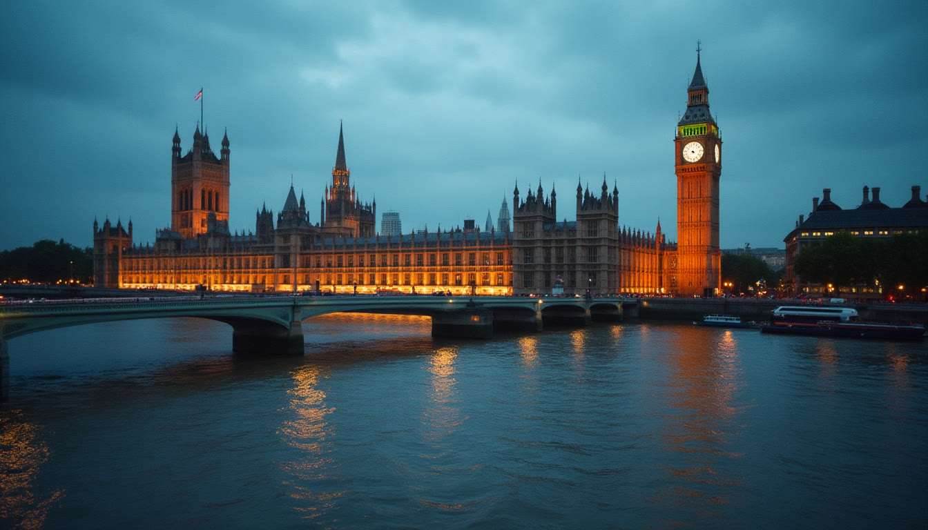The Palace of Westminster and Big Ben at dusk by the River Thames