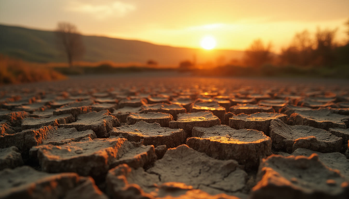 Close up of cracked, dry earth at sunset