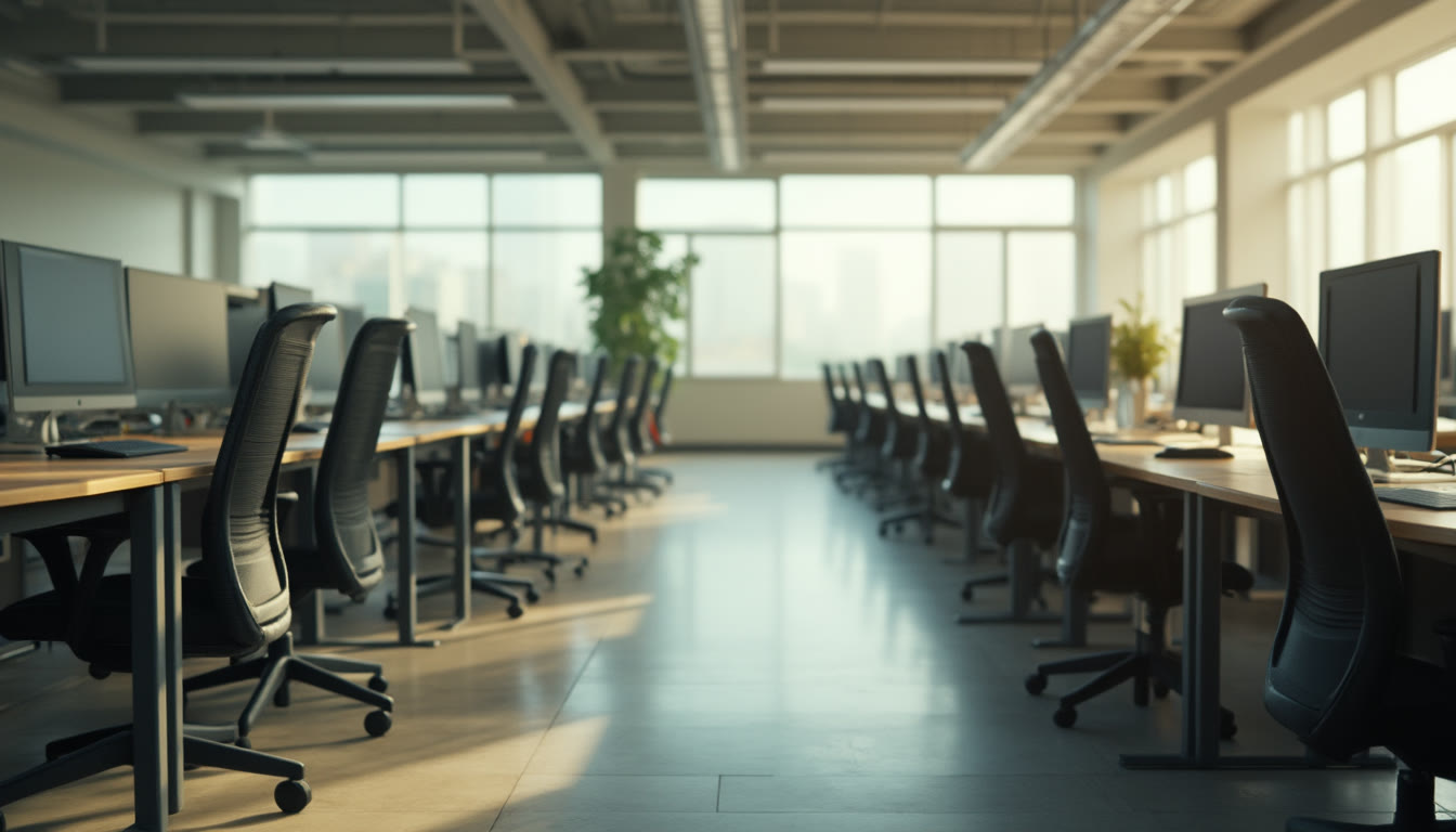 Empty modern office with rows of desks and computer monitors