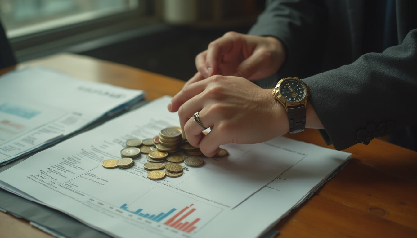 Close up of hands with a watch over financial charts and coins