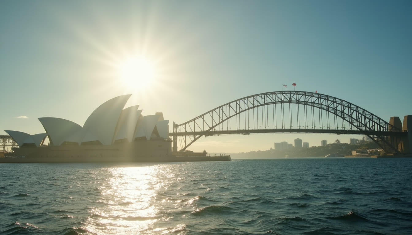 Sydney Opera House and Harbour Bridge under a bright sun