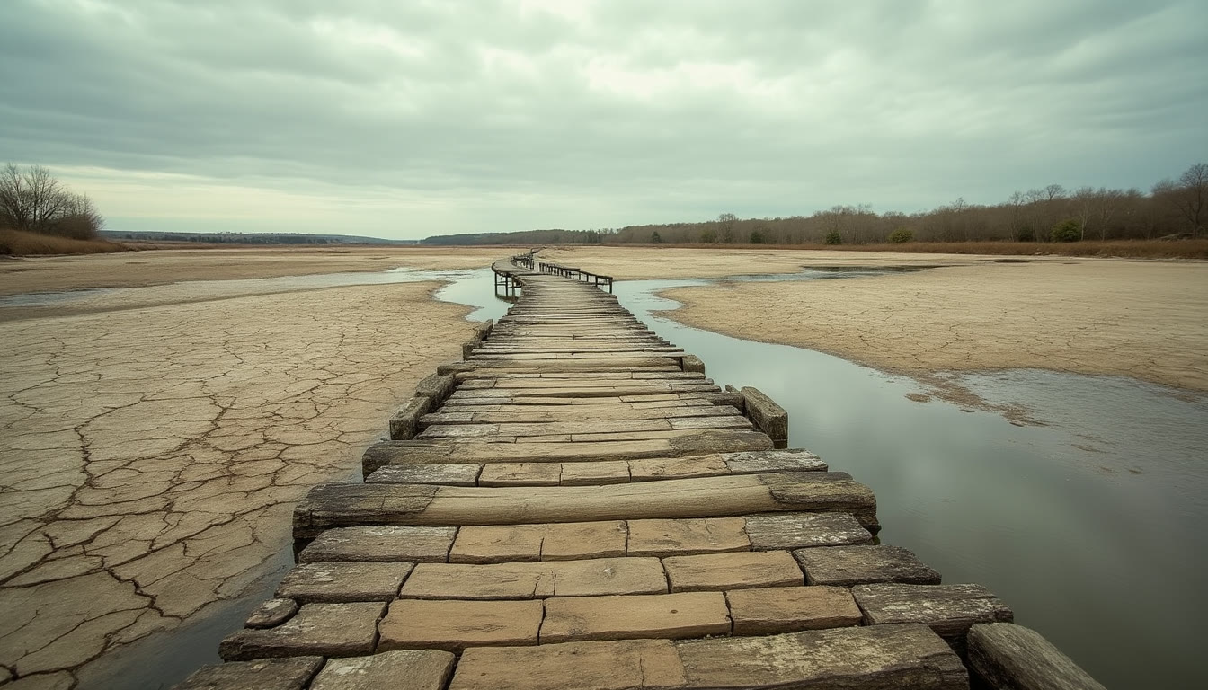 A wooden walkway stretching across a dried, cracked riverbed under a cloudy sky