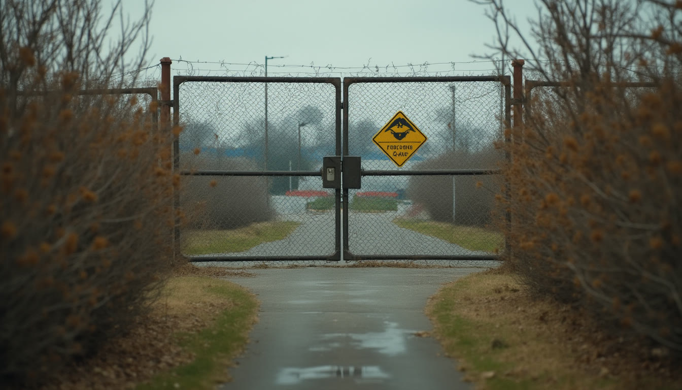 A closed metal gate with a yellow warning sign in a field