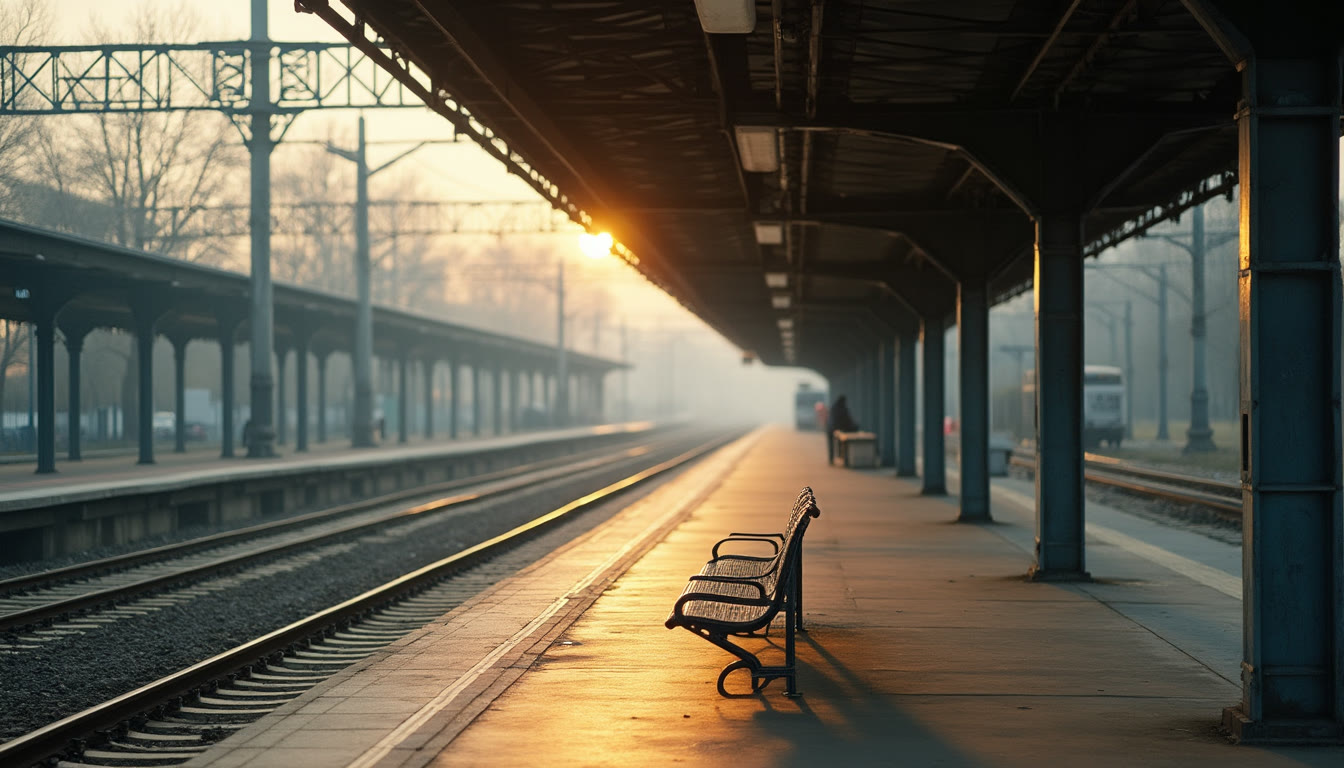 An empty train station platform with tracks and a bench at sunset