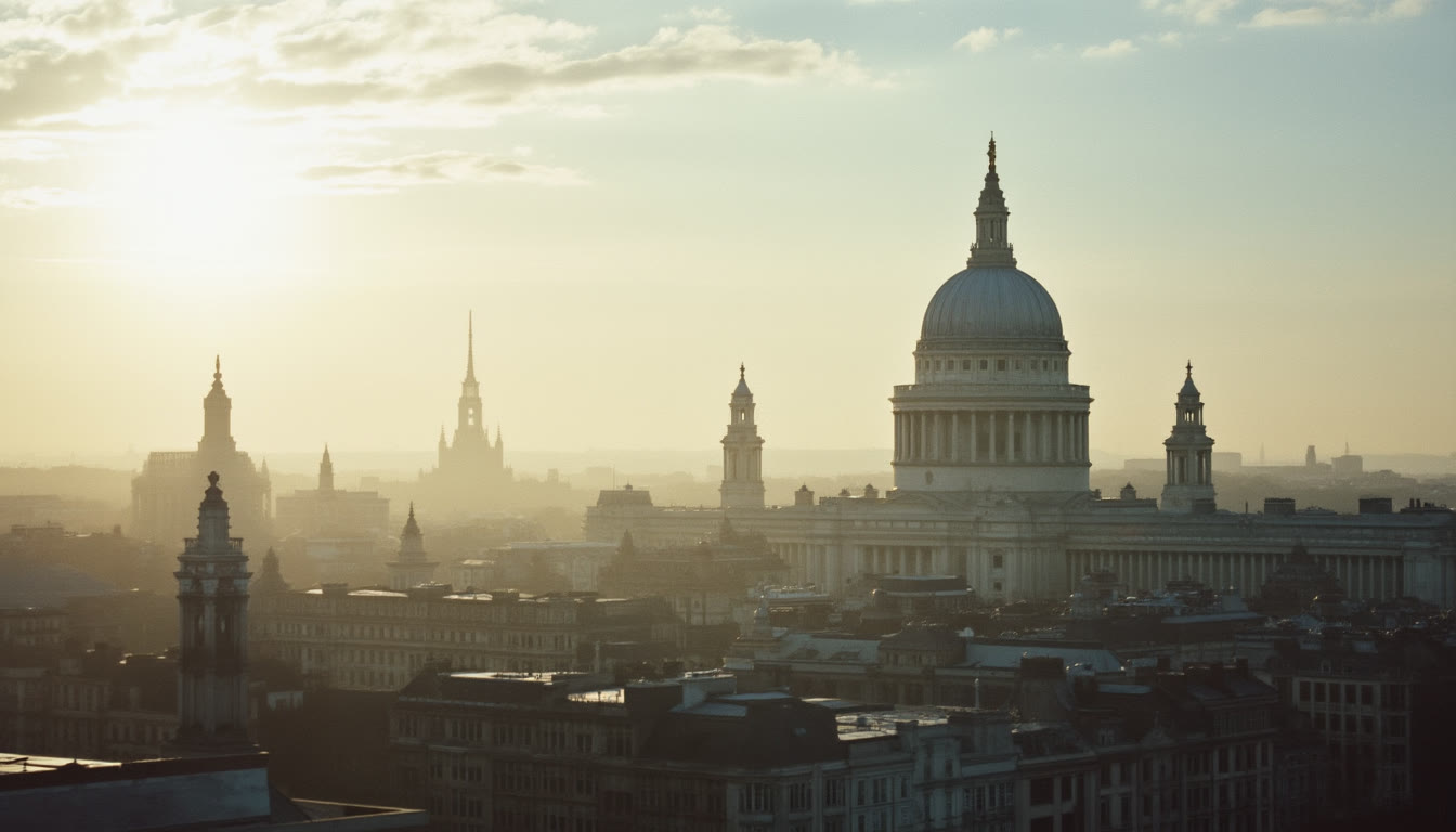 A hazy cityscape of London featuring St Paul's Cathedral at sunrise