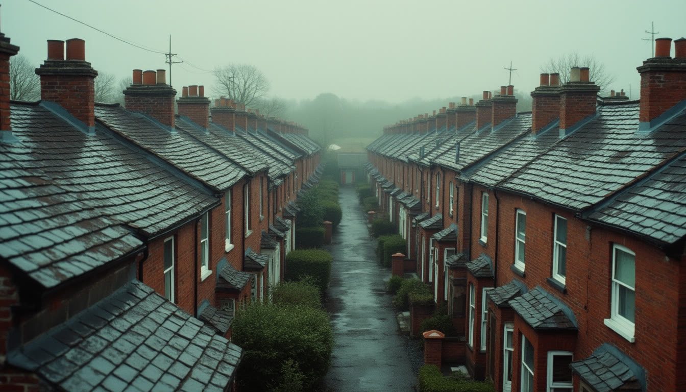 A row of terraced houses under a grey, overcast sky