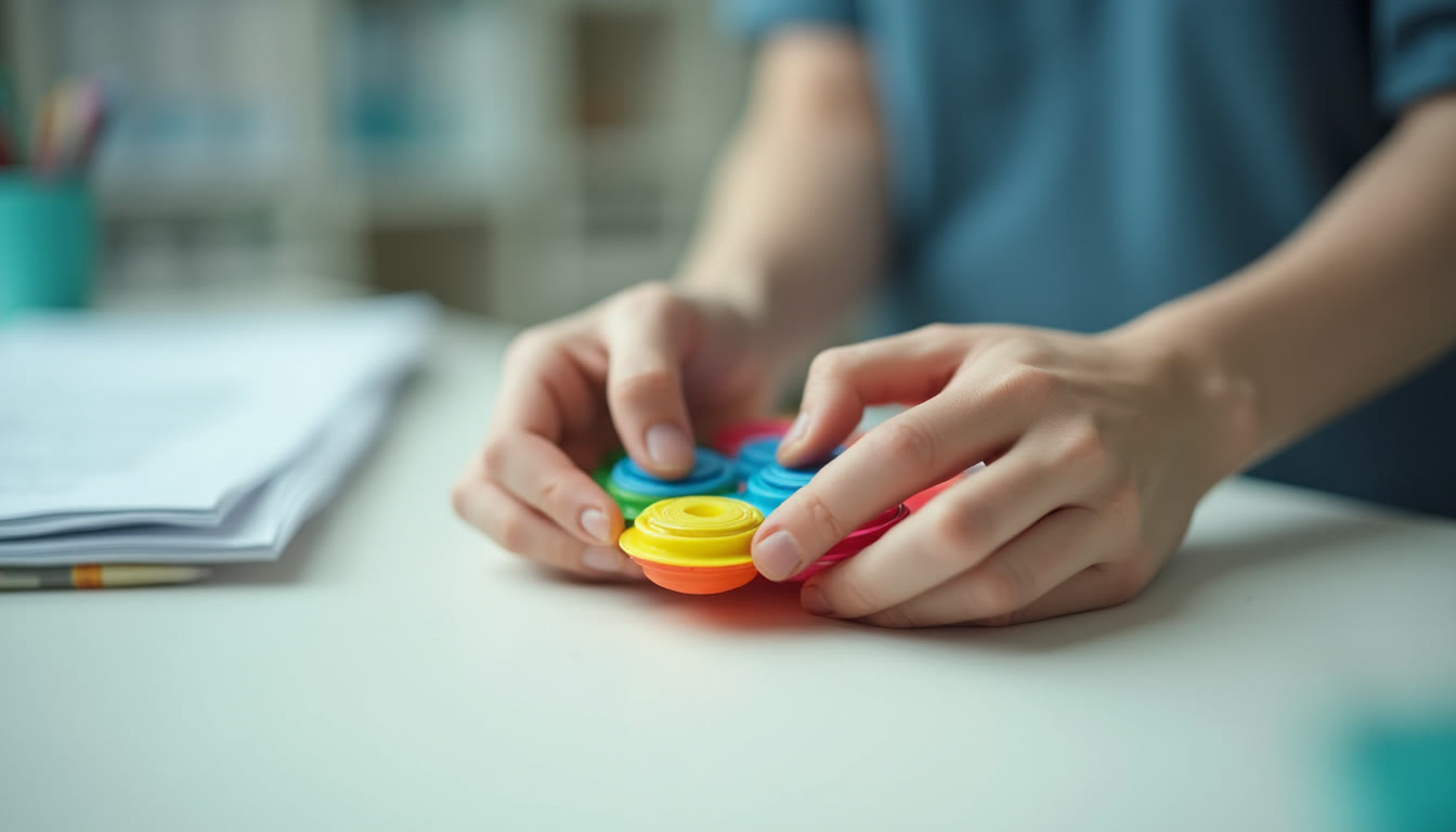 Close up of hands playing with a colorful fidget toy
