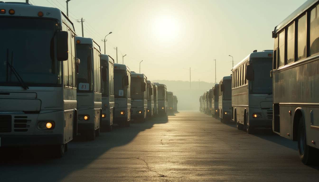 A row of buses parked in a lot during sunset